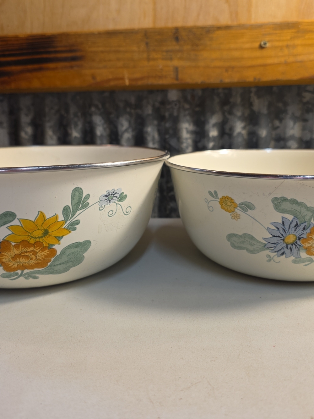Cream Ceramic Serving Bowls with Yellow & Blue Floral Pattern